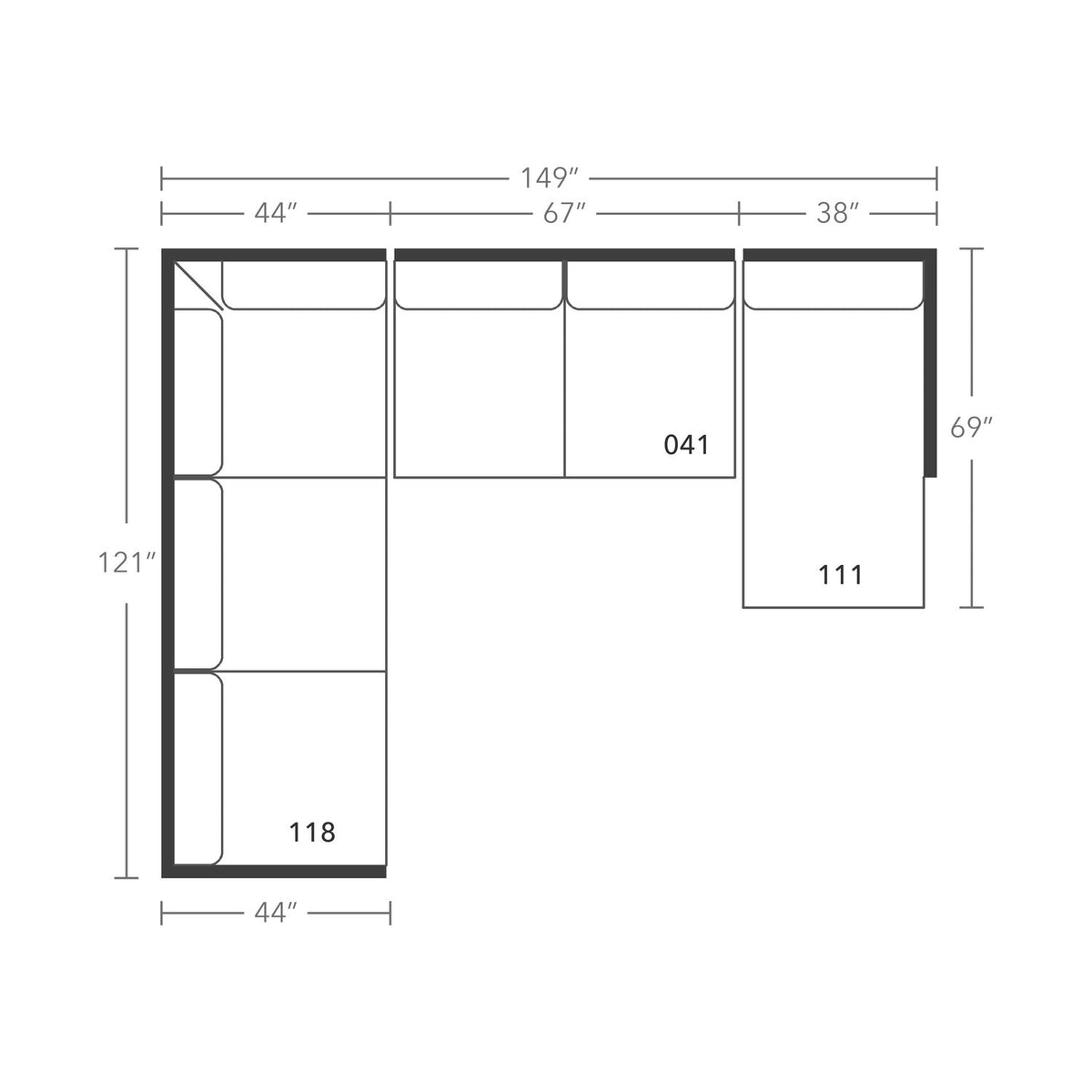 Plan drawing: Deep Seat, Right Chaise + Corner Side, Separate Cushions
