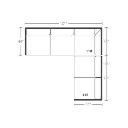 Plan drawing: Deep Seat, Right Return, 3 + 2 Seats, Separate Cushions