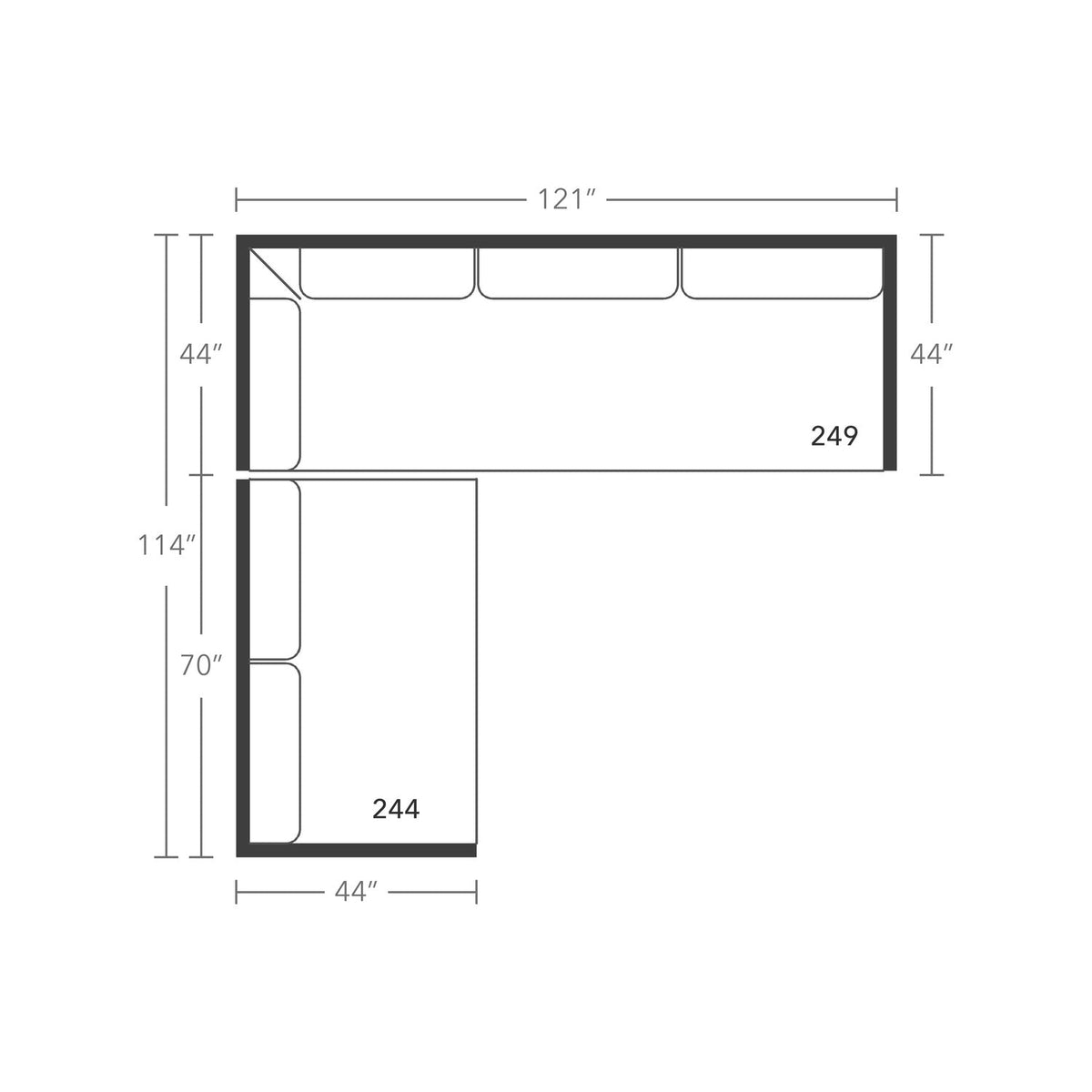 Plan drawing: Deep Seat, Left Return, 3 + 2 Seats, Bench Cushion
