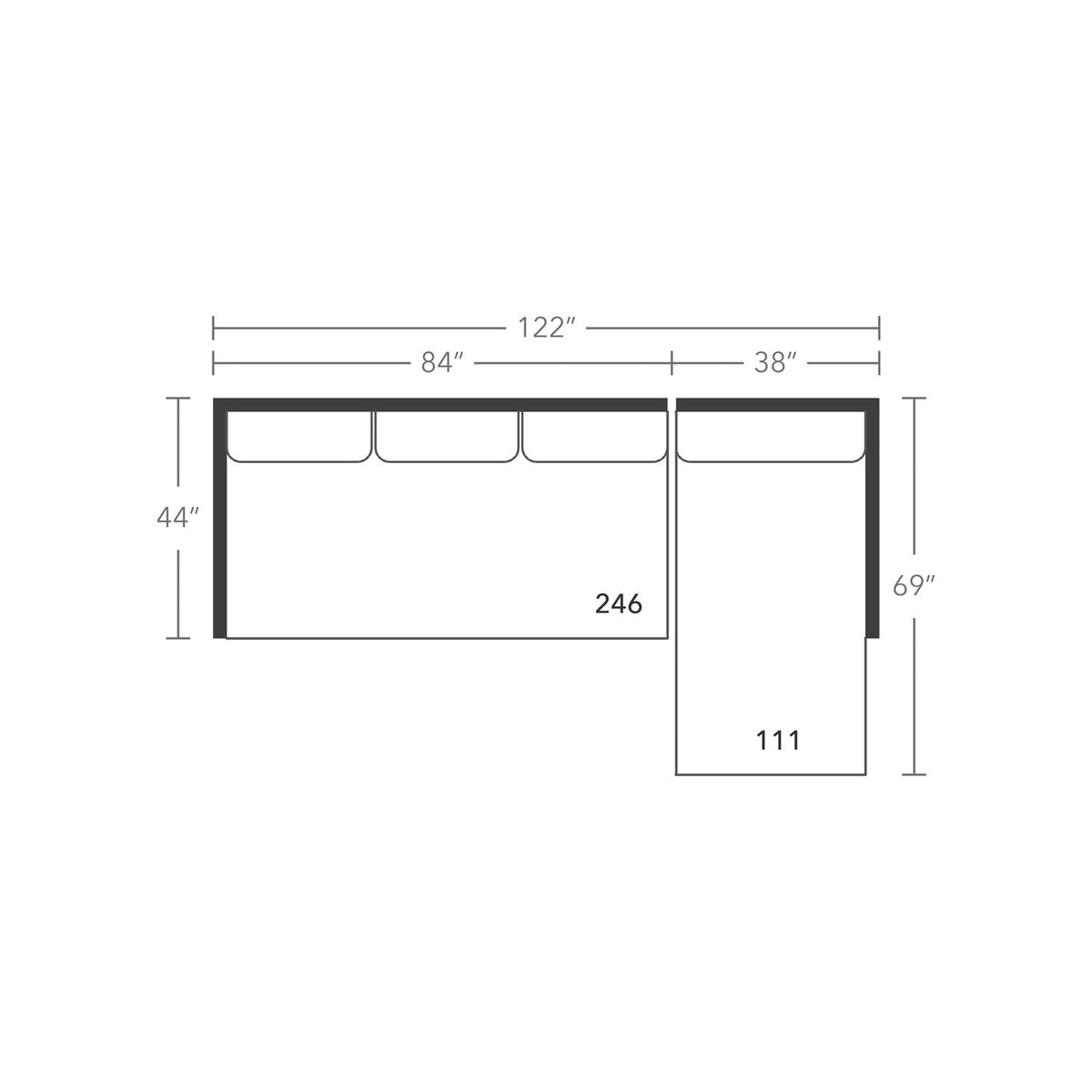 Plan drawing: Deep Seat, Right Chaise + 2 Wide Seats, Bench Cushion