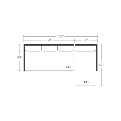 Plan drawing: Deep Seat, Right Chaise + 2 Wide Seats, Bench Cushion