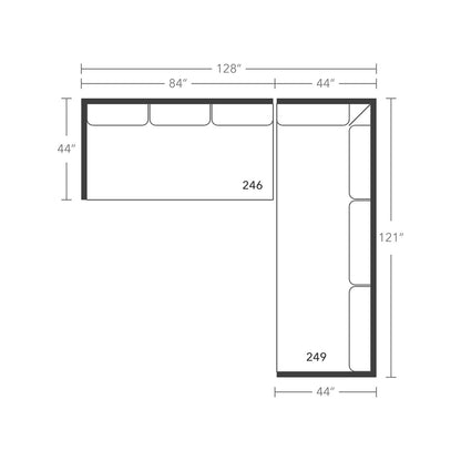 Plan drawing: Deep Seat, Right Return, 3 + 2 Wide Seats, Bench Cushion