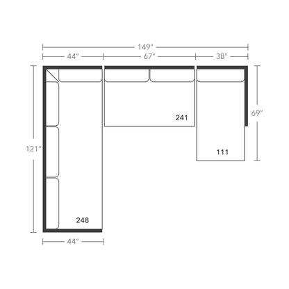 Plan drawing: Deep Seat, Right Chaise + Corner Side, Bench Cushion