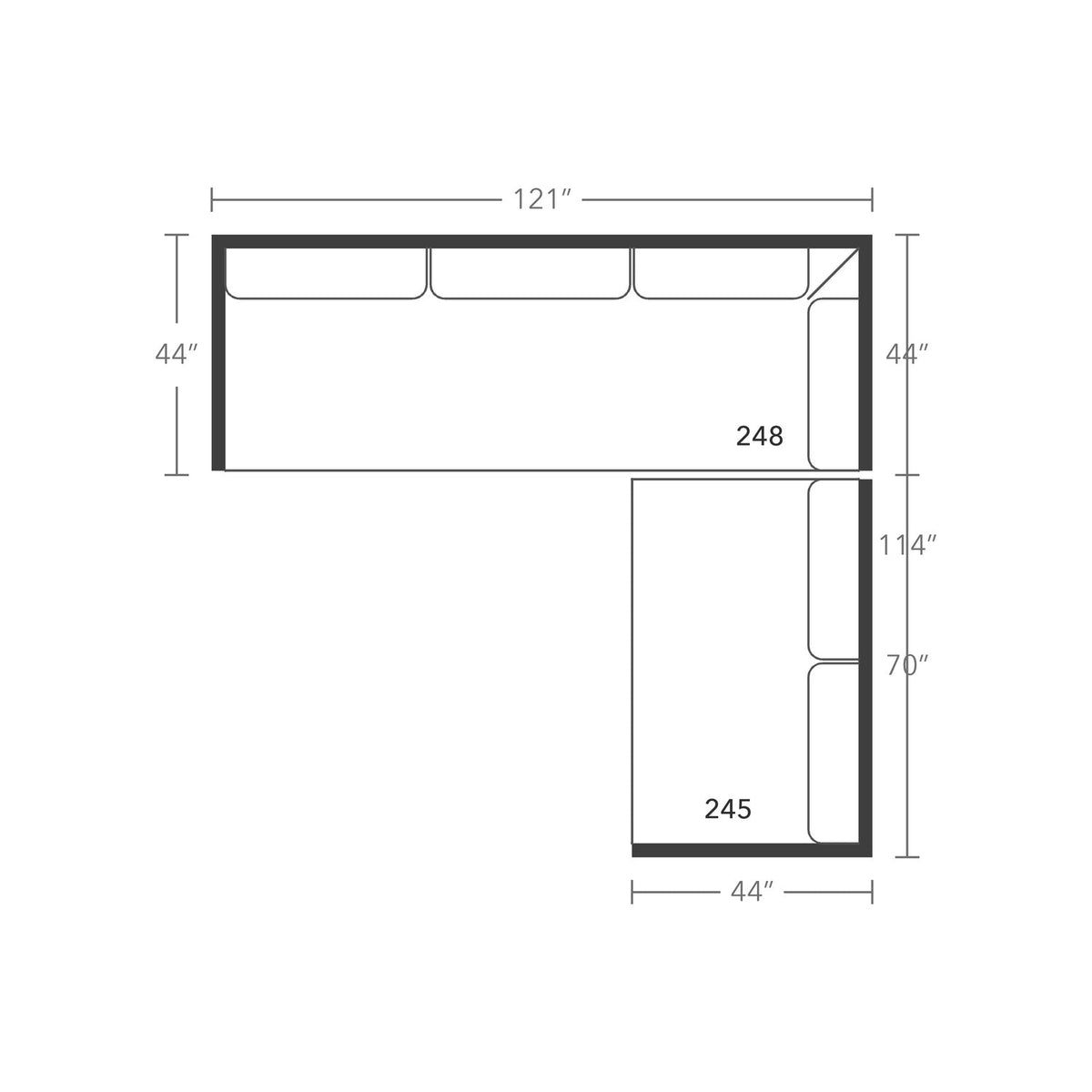 Plan drawing: Deep Seat, Right Return, 3 + 2 Seats, Bench Cushion