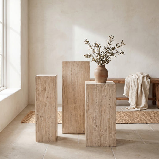Plinth Travertine Tables, styled at home