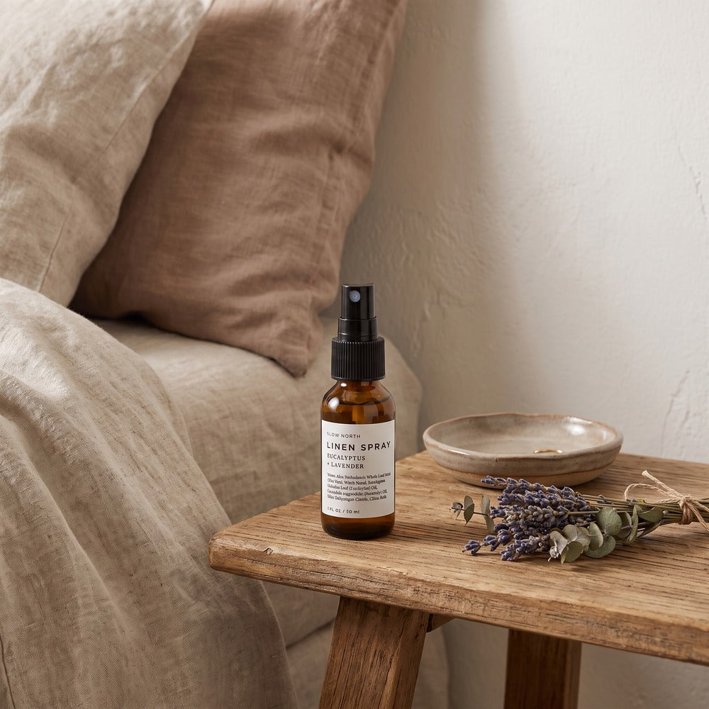 Slow North Linen Spray, Eucalyptus + Lavender 1 oz, styled at home