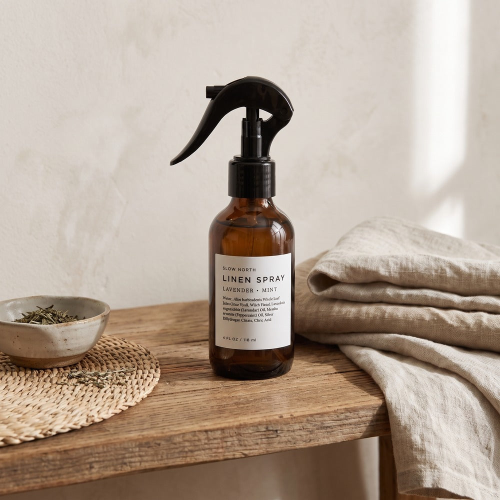 Slow North Linen Spray, Lavender + Mint 4 oz, styled at home