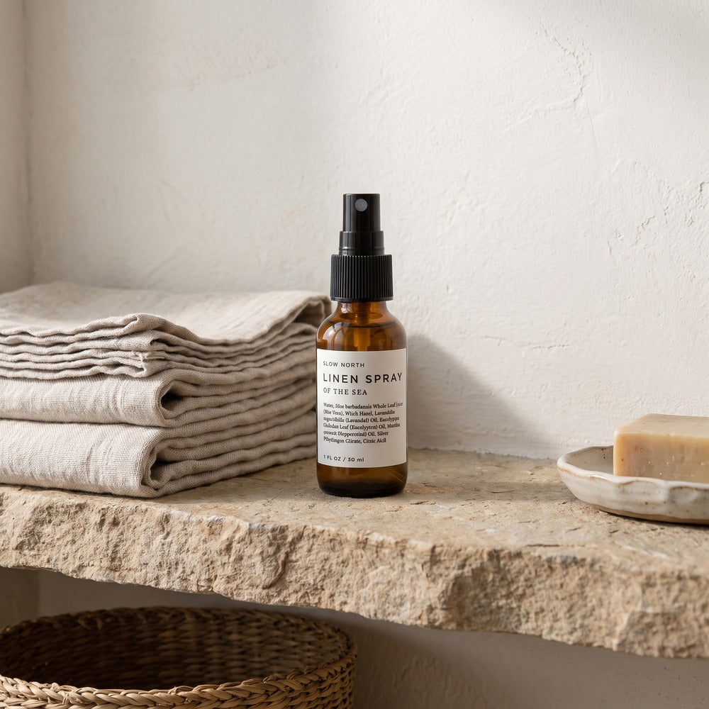 Slow North Linen Spray, Of the Sea 1 oz, styled at home