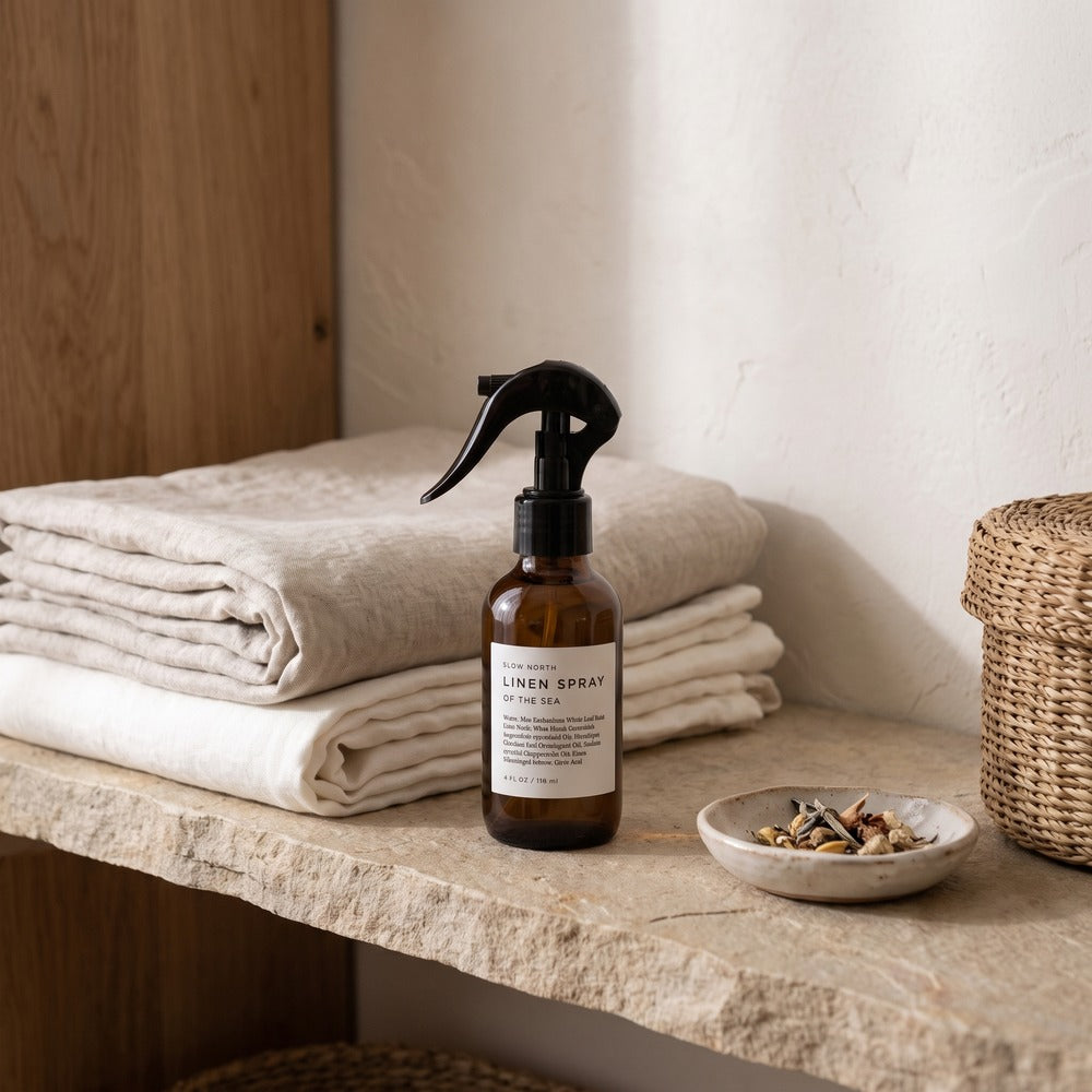 Slow North Linen Spray, Of the Sea 4 oz, styled at home