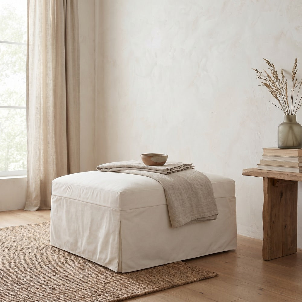Sylvie Slipcover Ottoman, styled at home