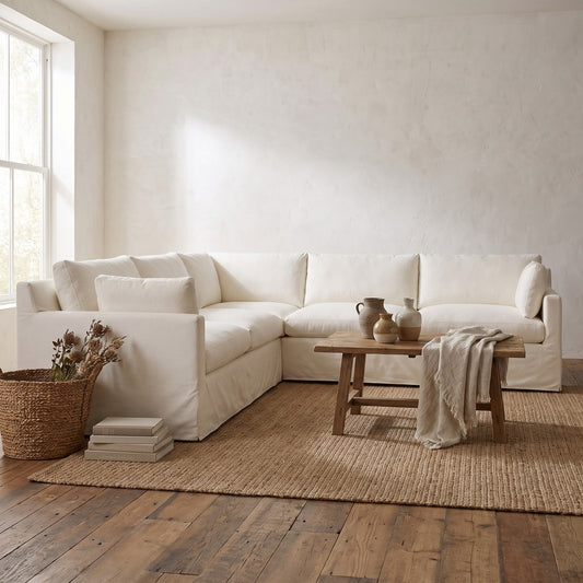 Sylvie Slipcover Sectional in Burgundy, styled at home